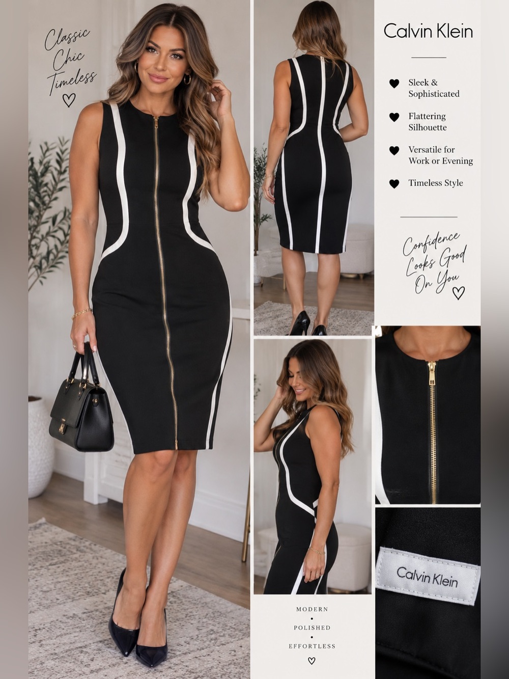 Calvin Klein Black White Zip Front Sheath Dress Gold Zipper 6/8 size